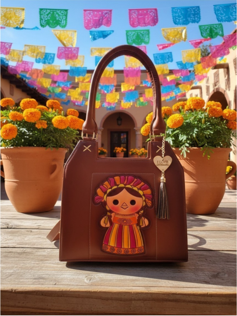 Brown Lele Mexican Doll Painted Curpiel Shoulder Crossbody Handbag Artisan Purse